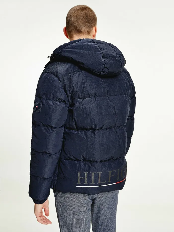 Tommy Hilfiger High Loft Removable Hood Puffer Jacket Desert Sky Mens Coats and Jackets Cheap On Sale