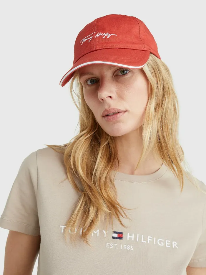 Tommy Hilfiger Iconic Signature Logo Cap Cinnabar Red Womens Hats and Scarves Cheap On Sale