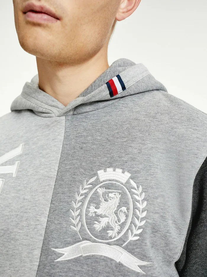 Tommy Hilfiger Icons Crest ColourBlocked Relaxed Fit Hoody Light Grey Heather Mens Sweatshirts and Hoodies Sale