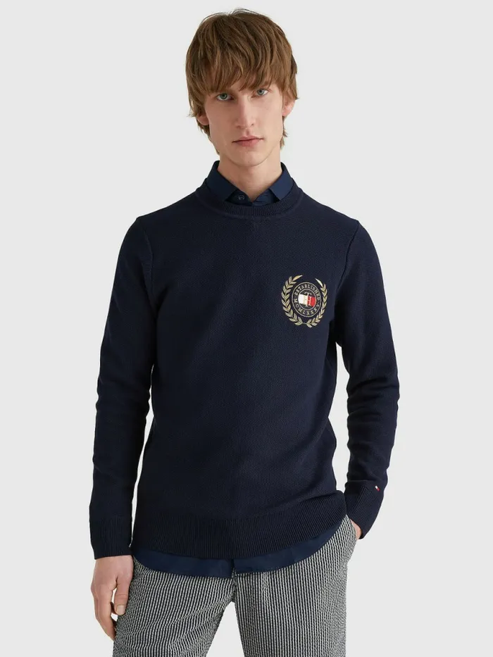 Tommy Hilfiger Icons Crest Embroidery Jumper Desert Sky Mens Knitwear On Sale Tommy Hilfiger Icons Crest Embroidery Jumper Desert Sky Mens Knitwear On Sale