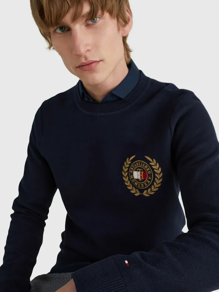 Tommy Hilfiger Icons Crest Embroidery Jumper Desert Sky Mens Knitwear On Sale