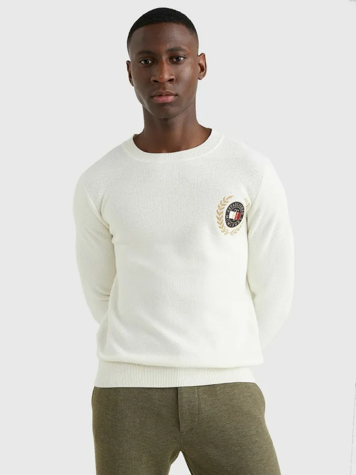 Tommy Hilfiger Icons Crest Embroidery Jumper Ivory Mens Knitwear Gift for Friend Tommy Hilfiger Icons Crest Embroidery Jumper Ivory Mens Knitwear Gift for Friend