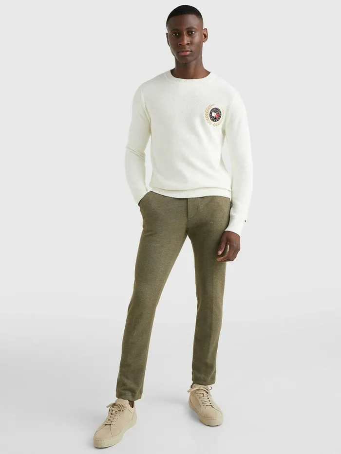 Tommy Hilfiger Icons Crest Embroidery Jumper Ivory Mens Knitwear Gift for Friend