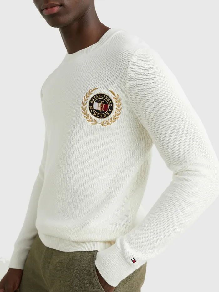 Tommy Hilfiger Icons Crest Embroidery Jumper Ivory Mens Knitwear Gift for Friend