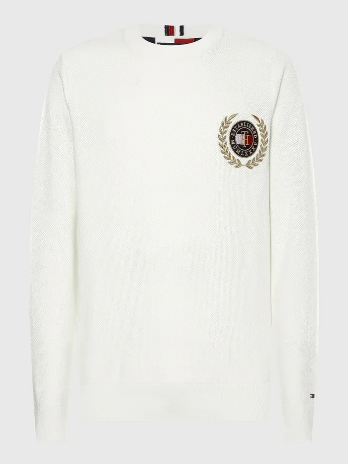 Tommy Hilfiger Icons Crest Embroidery Jumper Ivory Mens Knitwear Gift for Friend