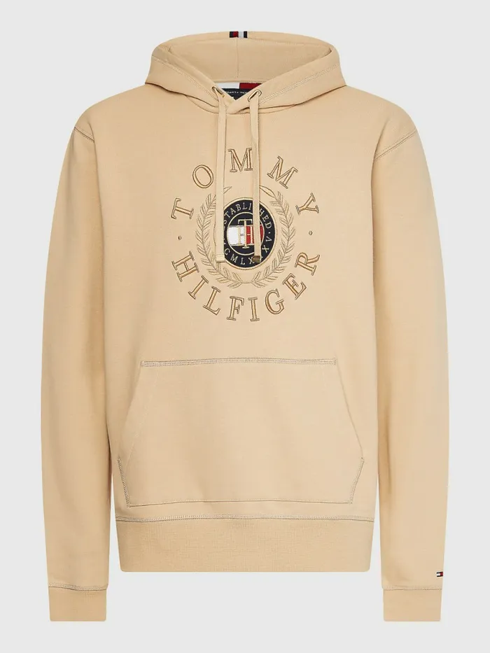 Tommy Hilfiger Icons Logo Embroidery Hoody Clayed Pebble Mens Sweatshirts and Hoodies Gift Ideas
