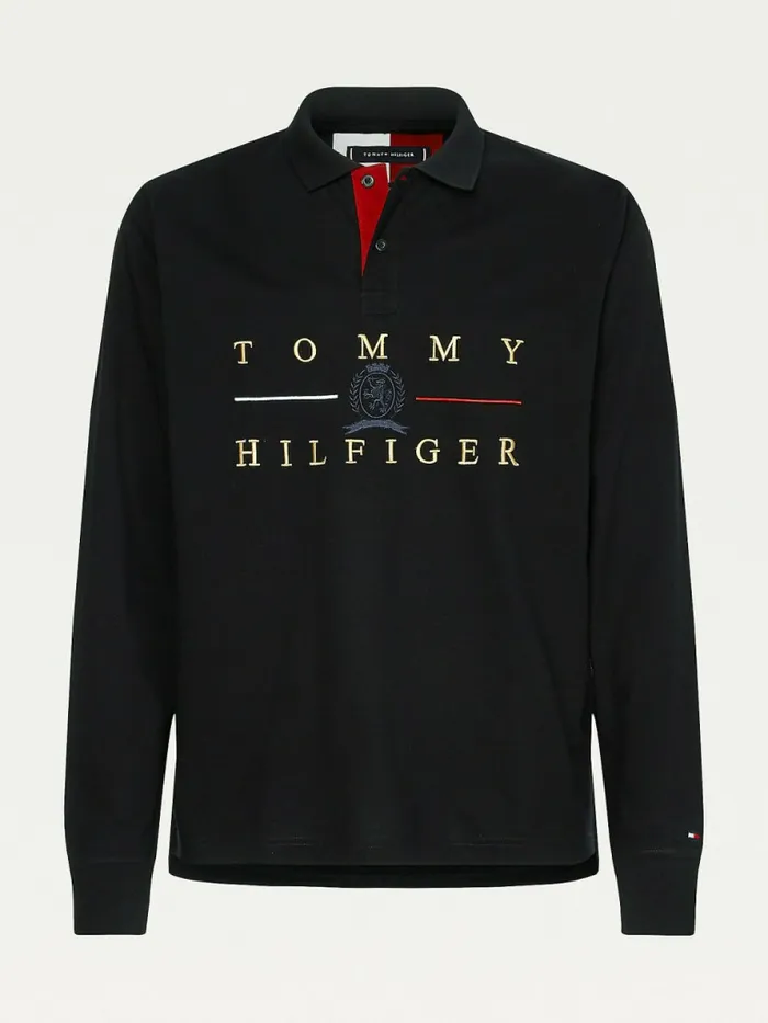 Tommy Hilfiger Icons Long Sleeve Regular Fit Polo Black Mens Polo Shirts Gift for Friend