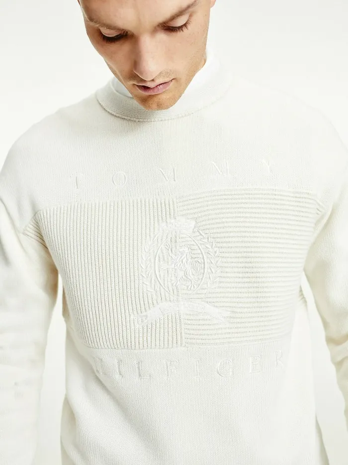 Tommy Hilfiger Icons Oversized Crest Flag Jumper Ivory Mens Knitwear Gift 4 You