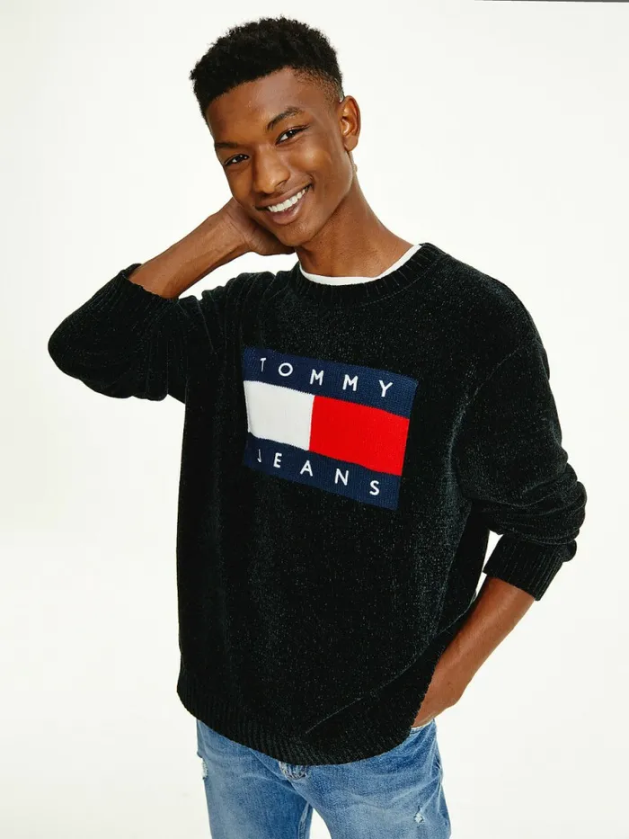Tommy Hilfiger Intarsia Flag Relaxed Fit Jumper Black Mens Knitwear Near Me