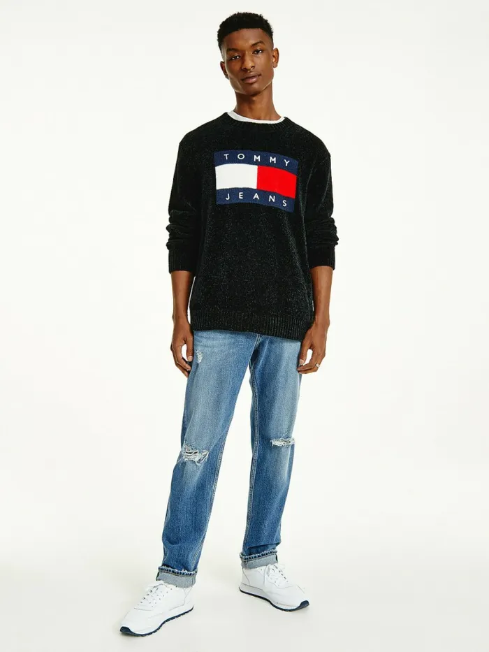 Tommy Hilfiger Intarsia Flag Relaxed Fit Jumper Black Mens Knitwear Near Me