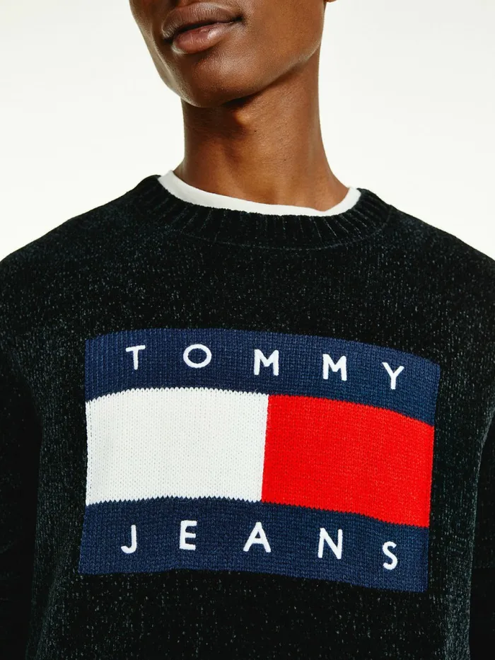 Tommy Hilfiger Intarsia Flag Relaxed Fit Jumper Black Mens Knitwear Near Me