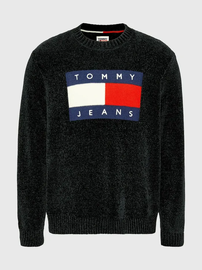 Tommy Hilfiger Intarsia Flag Relaxed Fit Jumper Black Mens Knitwear Near Me