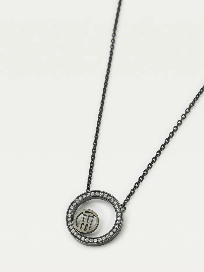 Tommy Hilfiger IonicPlated Monogram Crystal Circle Necklace Black Ip Womens Jewellery