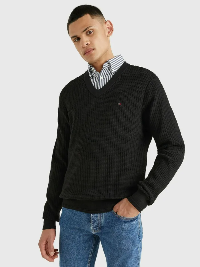Tommy Hilfiger Knitted Grid Check VNeck Jumper Black Mens Knitwear Online