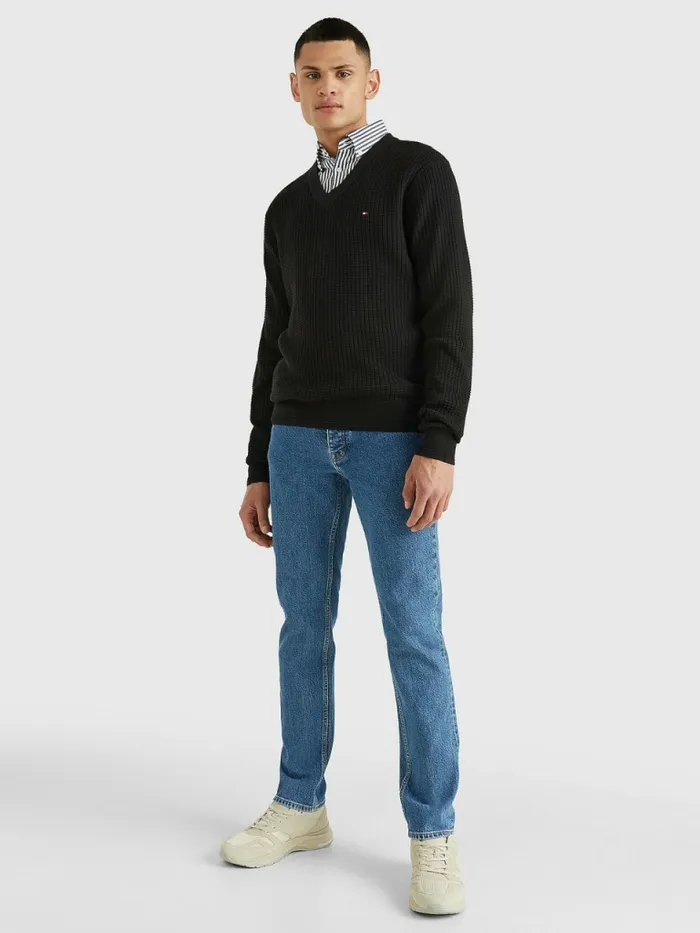 Tommy Hilfiger Knitted Grid Check VNeck Jumper Black Mens Knitwear Online