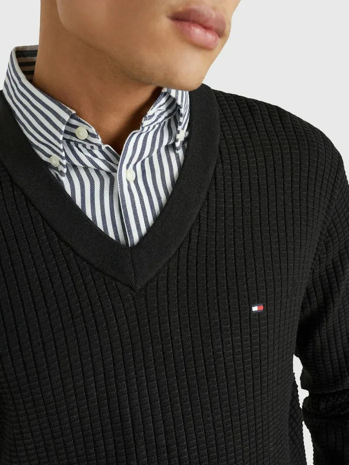 Tommy Hilfiger Knitted Grid Check VNeck Jumper Black Mens Knitwear Online