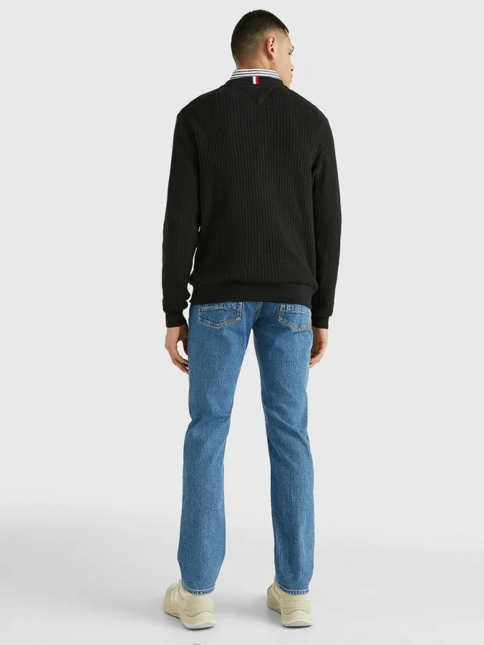 Tommy Hilfiger Knitted Grid Check VNeck Jumper Black Mens Knitwear Online