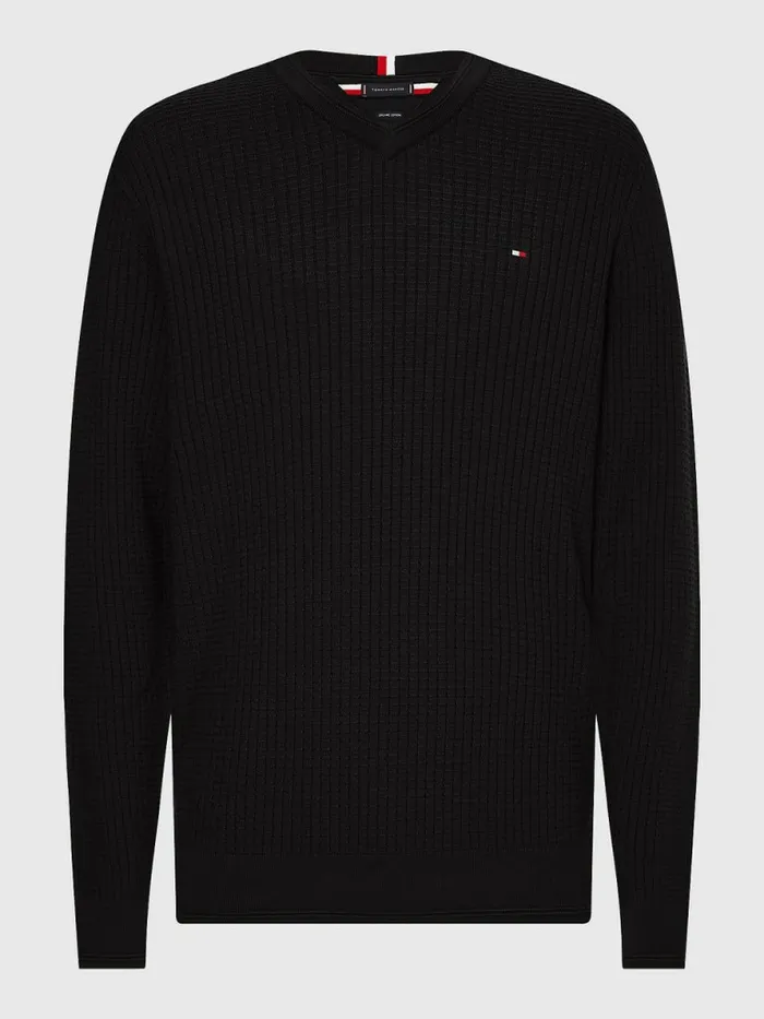 Tommy Hilfiger Knitted Grid Check VNeck Jumper Black Mens Knitwear Online