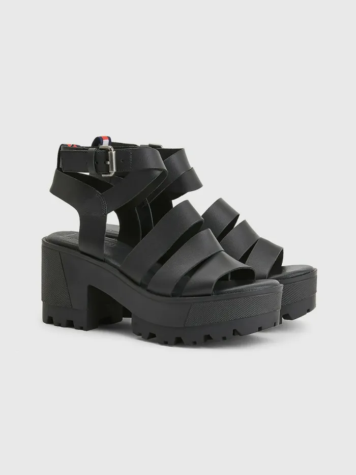 Tommy Hilfiger Leather Block Heel Sandals Black Womens Sandals Sale