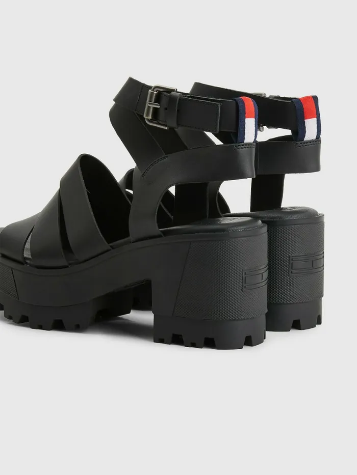 Tommy Hilfiger Leather Block Heel Sandals Black Womens Sandals Sale