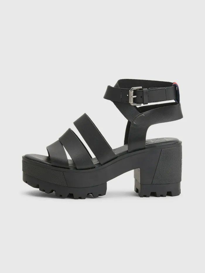 Tommy Hilfiger Leather Block Heel Sandals Black Womens Sandals Sale