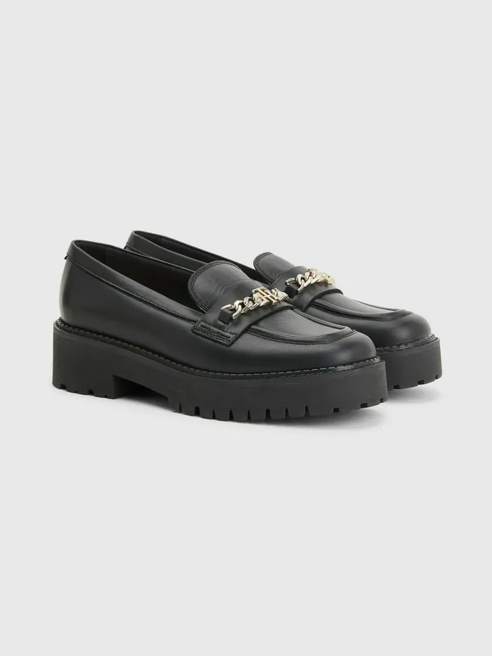 Tommy Hilfiger Leather Chain Chunky Loafers Black Womens Flat Shoes Gift 4 You Tommy Hilfiger Leather Chain Chunky Loafers Black Womens Flat Shoes Gift 4 You