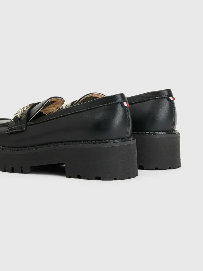 Tommy Hilfiger Leather Chain Chunky Loafers Black Womens Flat Shoes Gift 4 You
