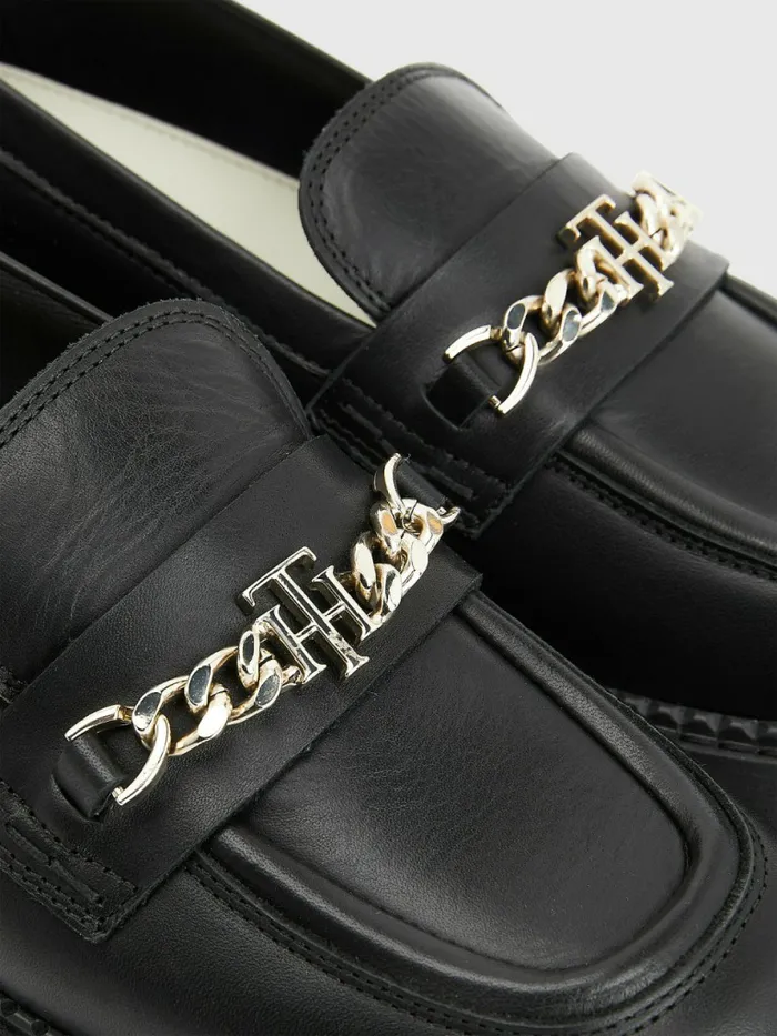 Tommy Hilfiger Leather Chain Chunky Loafers Black Womens Flat Shoes Gift 4 You