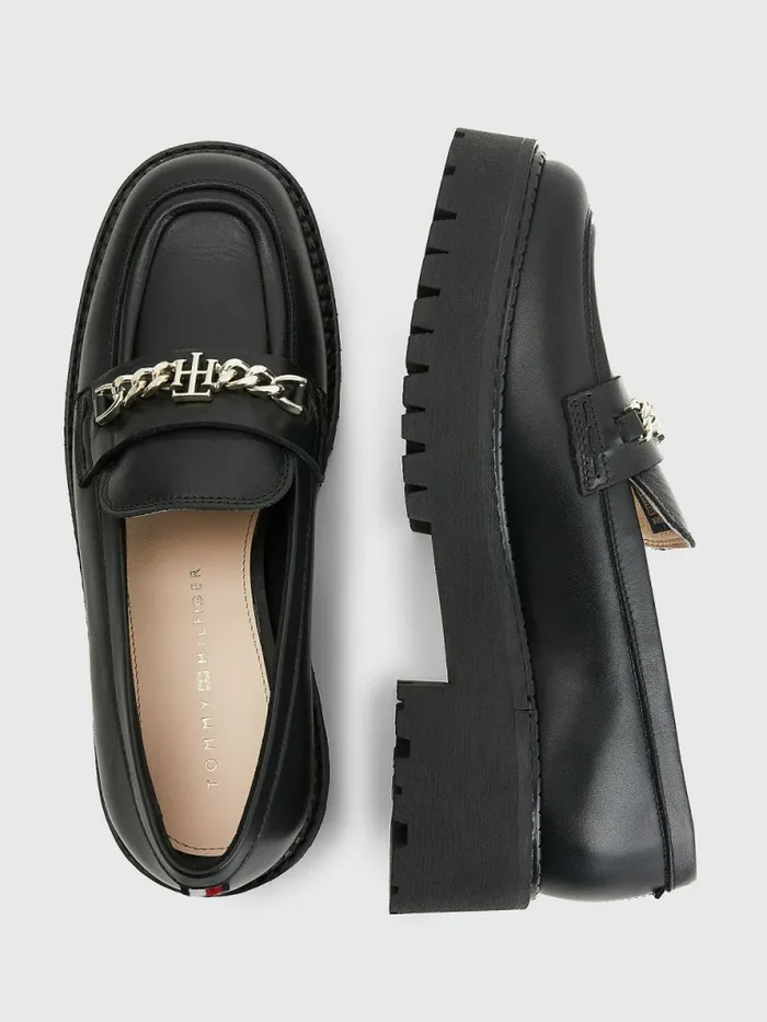Tommy Hilfiger Leather Chain Chunky Loafers Black Womens Flat Shoes Gift 4 You