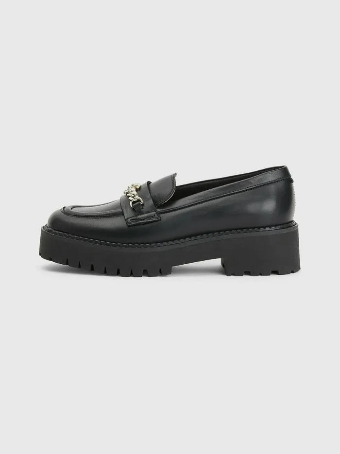Tommy Hilfiger Leather Chain Chunky Loafers Black Womens Flat Shoes Gift 4 You