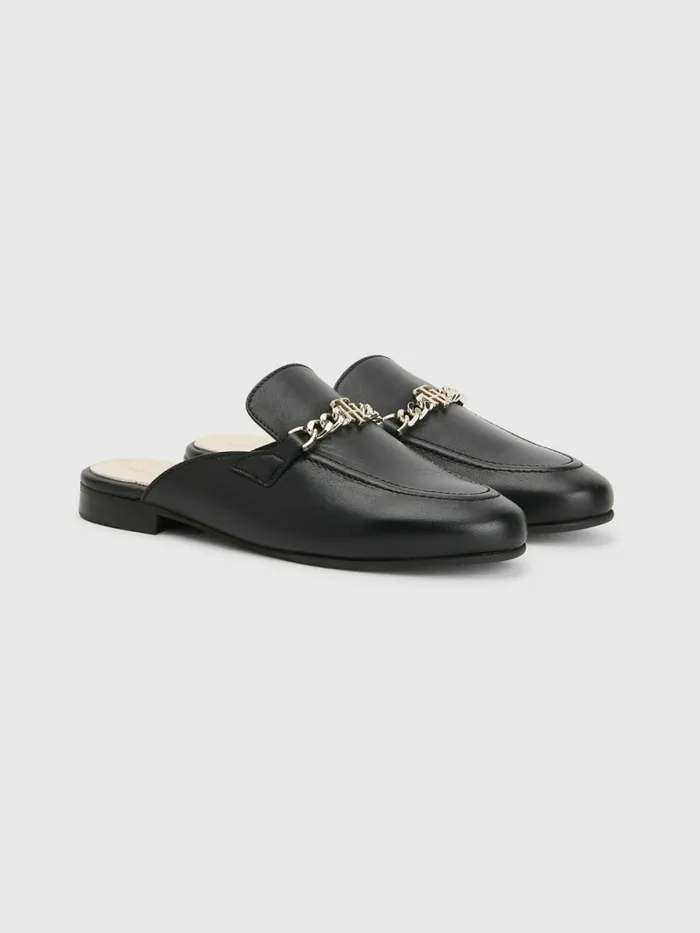 Tommy Hilfiger Leather Chain Mule Loafers Black Womens Flat Shoes Gift Ideas