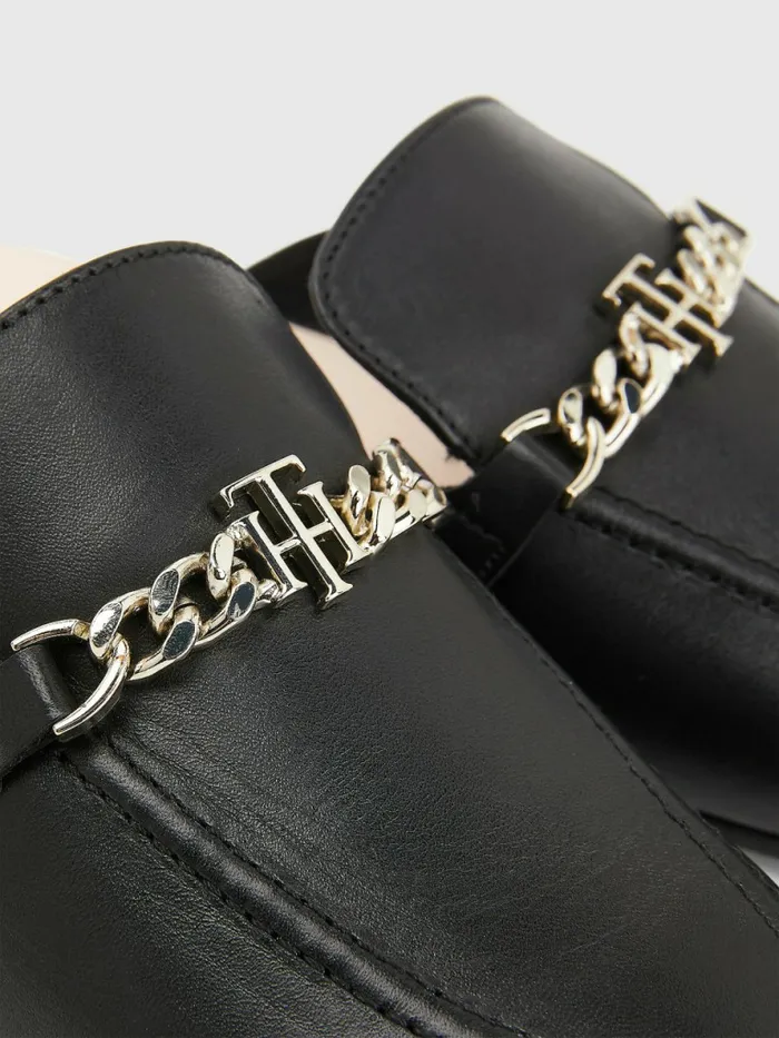 Tommy Hilfiger Leather Chain Mule Loafers Black Womens Flat Shoes Gift Ideas