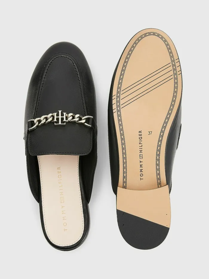 Tommy Hilfiger Leather Chain Mule Loafers Black Womens Flat Shoes Gift Ideas