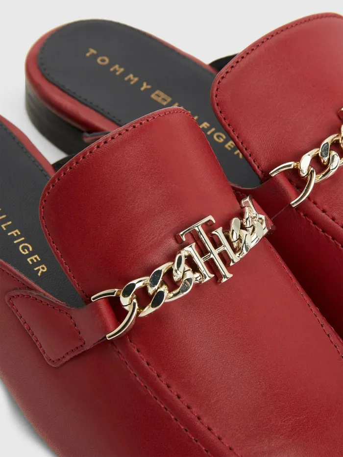 Tommy Hilfiger Leather Chain Mule Loafers Regatta Red Womens Flat Shoes For Sale