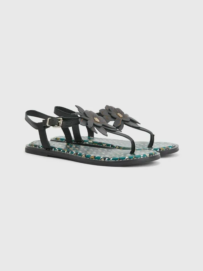 Tommy Hilfiger Leather Floral Monogram Flat Sandals Black Womens Sandals On Sale Tommy Hilfiger Leather Floral Monogram Flat Sandals Black Womens Sandals On Sale