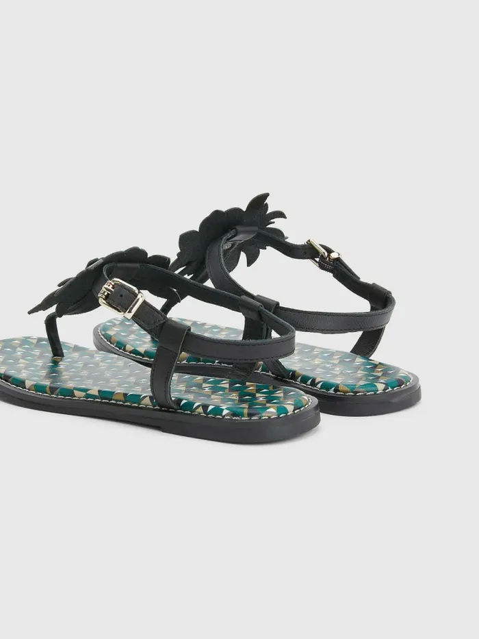Tommy Hilfiger Leather Floral Monogram Flat Sandals Black Womens Sandals On Sale