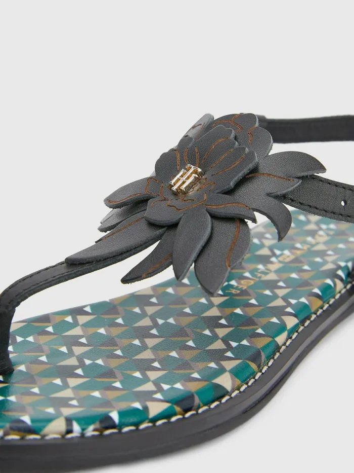 Tommy Hilfiger Leather Floral Monogram Flat Sandals Black Womens Sandals On Sale