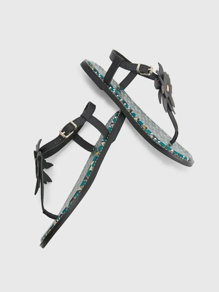 Tommy Hilfiger Leather Floral Monogram Flat Sandals Black Womens Sandals On Sale