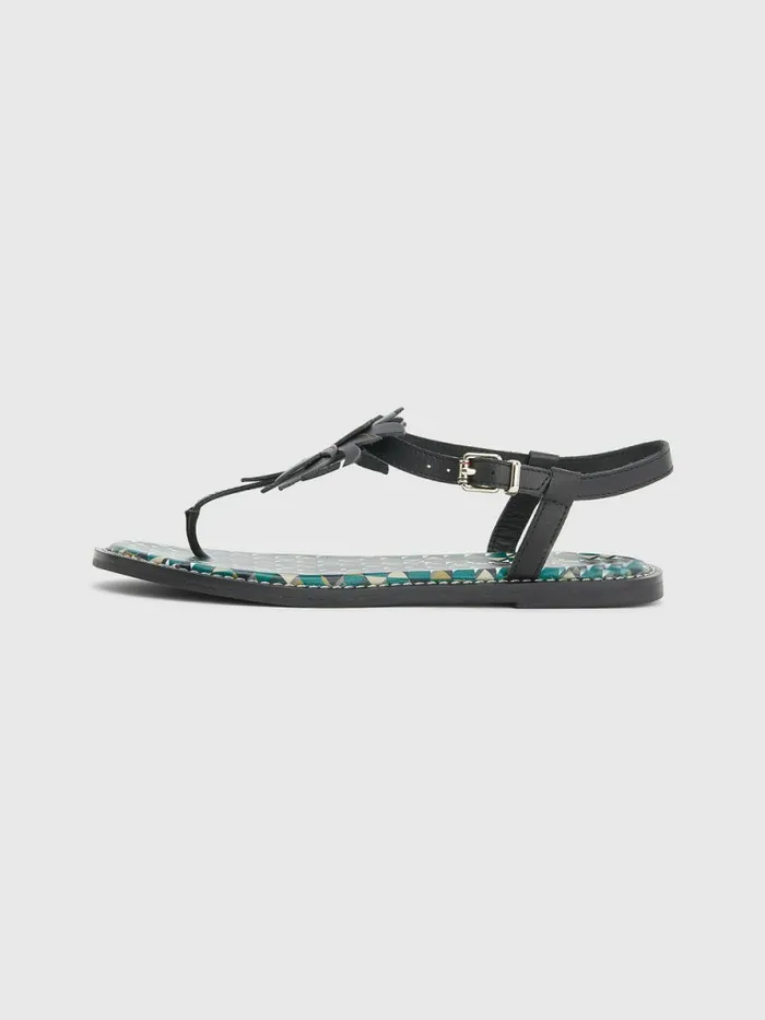 Tommy Hilfiger Leather Floral Monogram Flat Sandals Black Womens Sandals On Sale