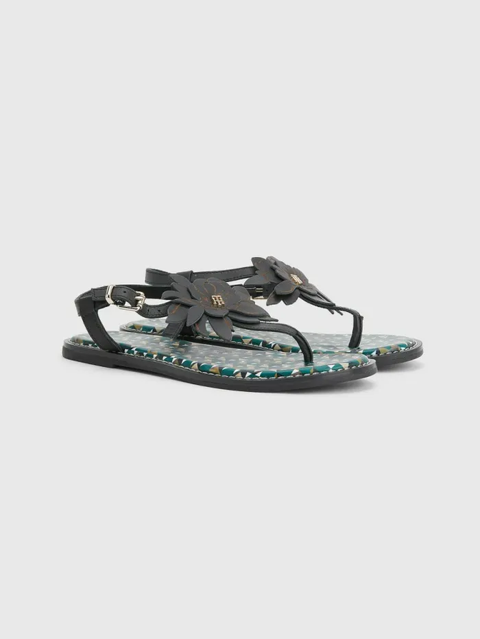 Tommy Hilfiger Leather Floral Monogram Flat Sandals Black Womens Sandals On Sale