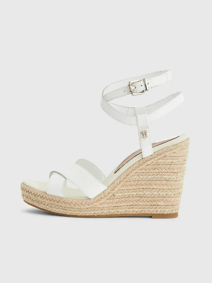 Tommy Hilfiger Leather High Heel Wedge Sandals Ecru Womens Flat Shoes For Sale