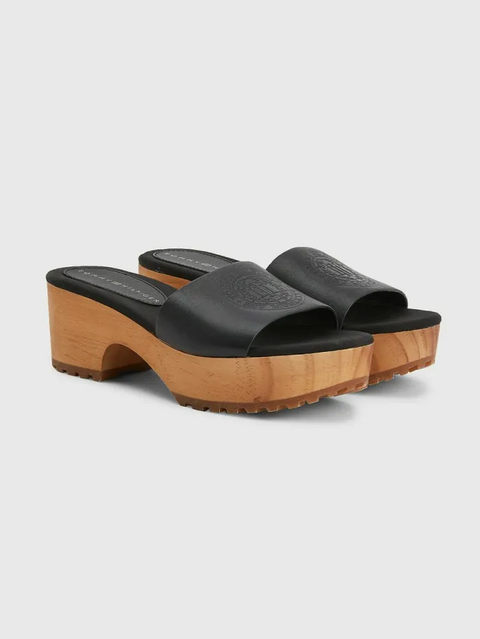 Tommy Hilfiger Leather Platform Heel Clog Sandals Black Womens Flat Shoes Gift for Friend Tommy Hilfiger Leather Platform Heel Clog Sandals Black Womens Flat Shoes Gift for Friend