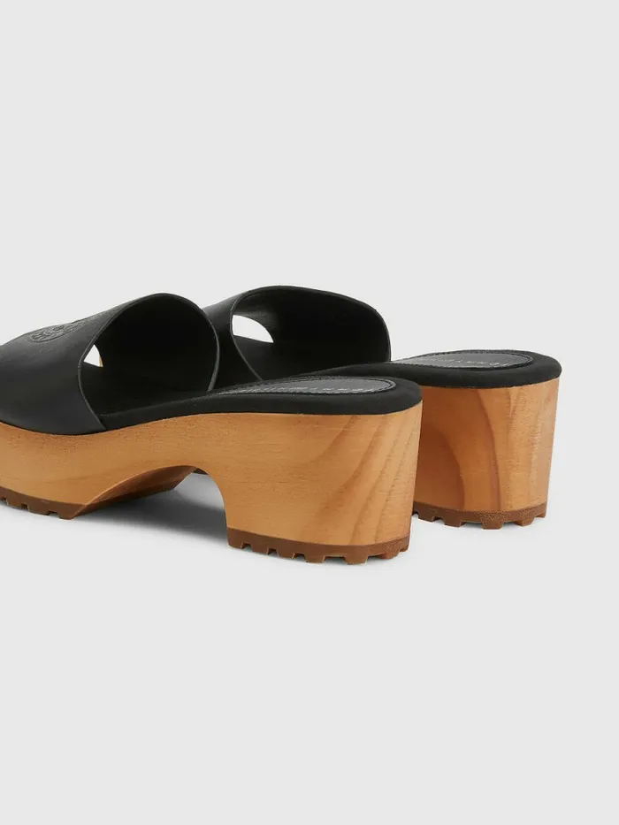 Tommy Hilfiger Leather Platform Heel Clog Sandals Black Womens Flat Shoes Gift for Friend