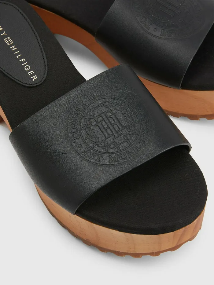 Tommy Hilfiger Leather Platform Heel Clog Sandals Black Womens Flat Shoes Gift for Friend
