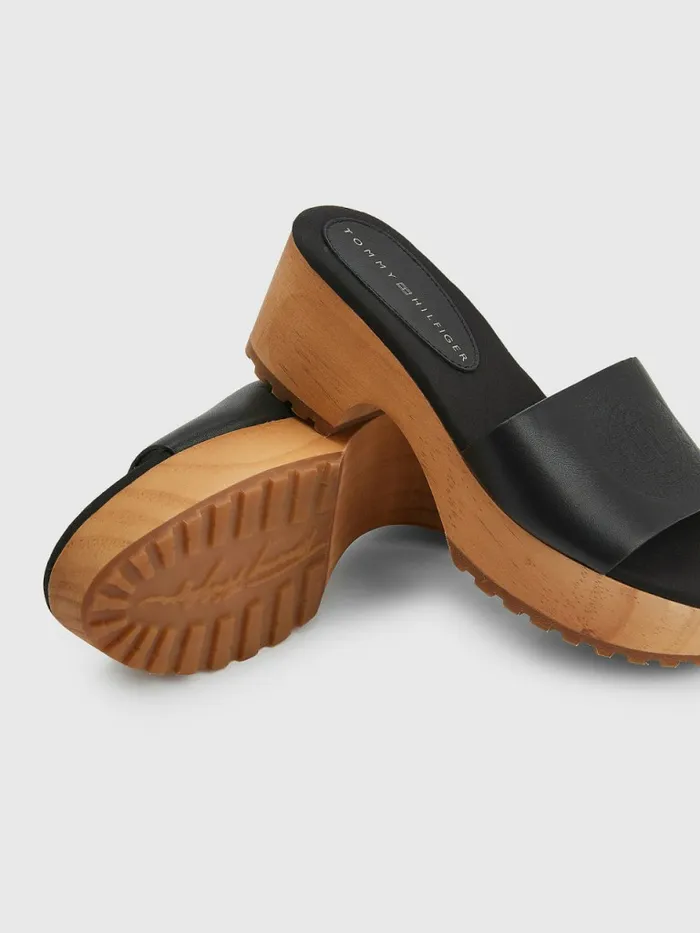 Tommy Hilfiger Leather Platform Heel Clog Sandals Black Womens Flat Shoes Gift for Friend