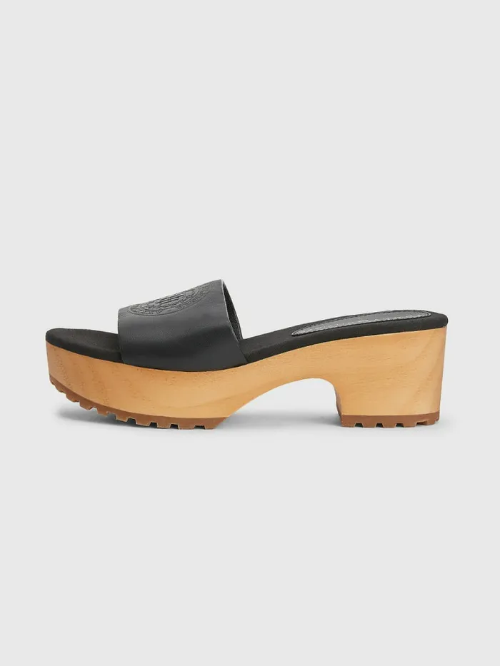 Tommy Hilfiger Leather Platform Heel Clog Sandals Black Womens Flat Shoes Gift for Friend