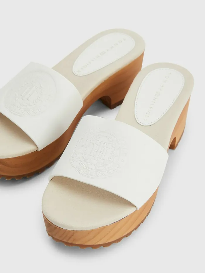 Tommy Hilfiger Leather Platform Heel Clog Sandals Ecru Womens Sandals Cheap On Sale