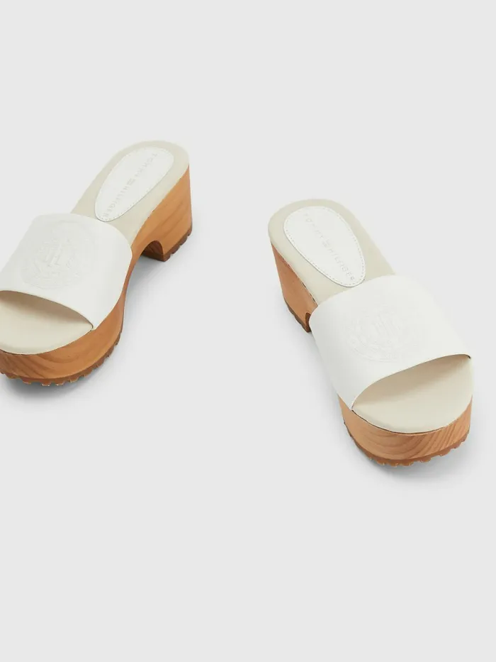 Tommy Hilfiger Leather Platform Heel Clog Sandals Ecru Womens Sandals Cheap On Sale