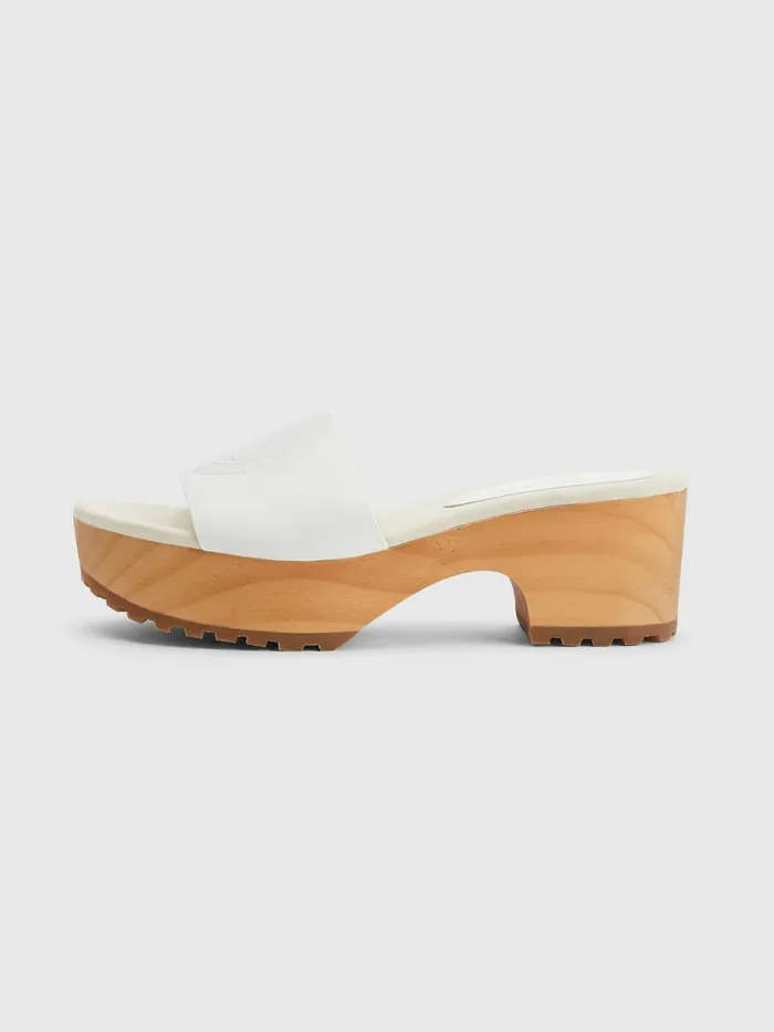 Tommy Hilfiger Leather Platform Heel Clog Sandals Ecru Womens Sandals Cheap On Sale