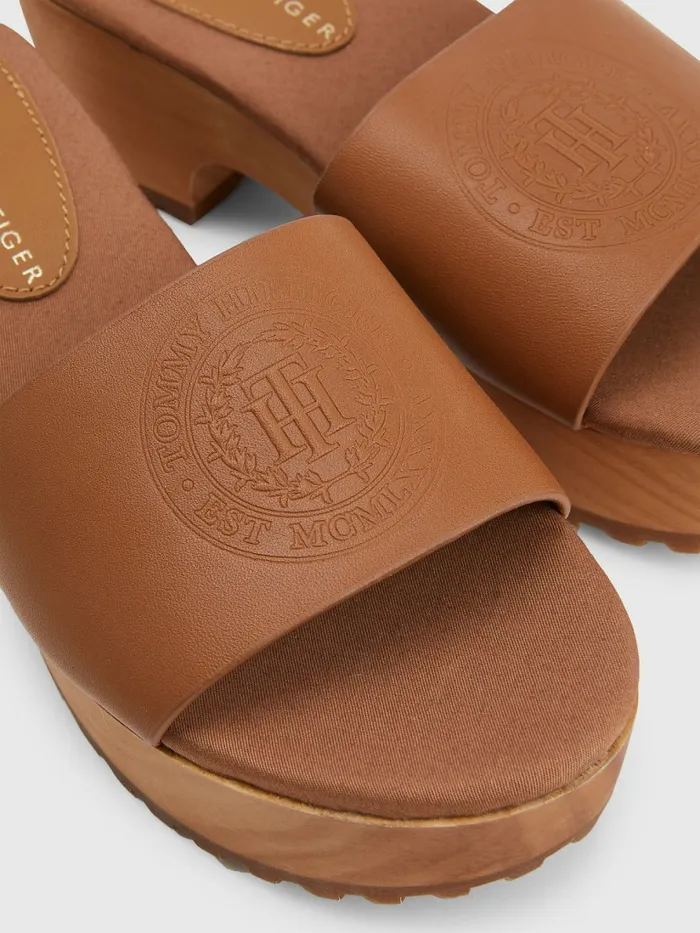Tommy Hilfiger Leather Platform Heel Clog Sandals Summer Cognac Womens Boots Gift Ideas